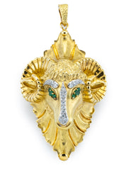Hammerman Brothers Ram's Head 18k Yellow Gold Diamond Emeralds Pendant Brooch