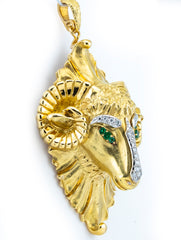 Hammerman Brothers Ram's Head 18k Yellow Gold Diamond Emeralds Pendant Brooch