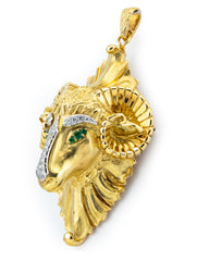 Hammerman Brothers Ram's Head 18k Yellow Gold Diamond Emeralds Pendant Brooch