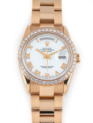 Rolex Day-Date 36mm 18k Rose Gold Custom Diamond Bezel White Roman Ref 118205