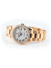 Rolex Day-Date 36mm 18k Rose Gold Custom Diamond Bezel White Roman Ref 118205