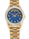 Rolex Day-Date 36mm Oro Amarillo 18k Presidente Champán Esfera Personalizada Azul Lapiz y Bisel de Diamantes Ref 18038