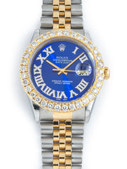 Rolex Datejust 36mm Steel & 18k Yellow Gold Jubilee Custom Blue Roman Dial & Diamond Bezel 16233