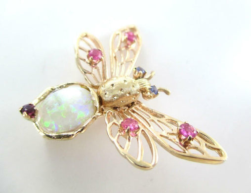 016172916 14K Solid Yellow Gold Pin Brooch Butter Fly Ruby Rubies Opal Vintage