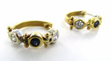 18Kt Solid Yellow Gold 4 Diamonds Blue Sapphire Hoop Earrings