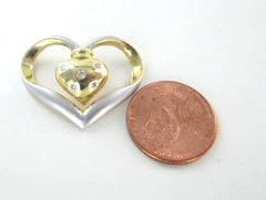 14K SOLID WHITE YELLOW GOLD PENDANT HEART CHARM 5 DIAMONDS .10 CARAT 015918334