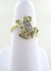 18KT SOLID YELLOW GOLD 10 DIAMONDS GREEN EYE FROG TOAD REPTILE SZ 6.5