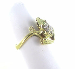 18KT SOLID YELLOW GOLD 10 DIAMONDS GREEN EYE FROG TOAD REPTILE SZ 6.5