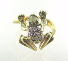 18KT SOLID YELLOW GOLD 10 DIAMONDS GREEN EYE FROG TOAD REPTILE SZ 6.5