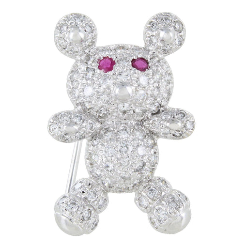 14Kt White Gold Bear With Diamonds & Rubies Pin