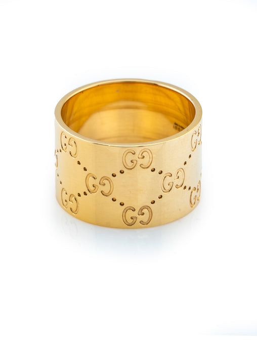 Gucci Wide Icon Logo Band 18k Yellow Gold Size 10