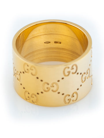 Gucci Wide Icon Logo Band 18k Yellow Gold Size 10
