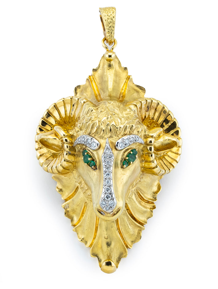 Hammerman Brothers Ram's Head 18k Yellow Gold Diamond Emeralds Pendant Brooch