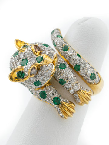 Leopard Ring 18k Yellow Diamonds Emeralds Gold Size 6