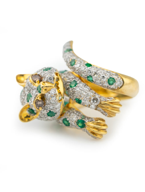 Leopard Ring 18k Yellow Diamonds Emeralds Gold Size 6