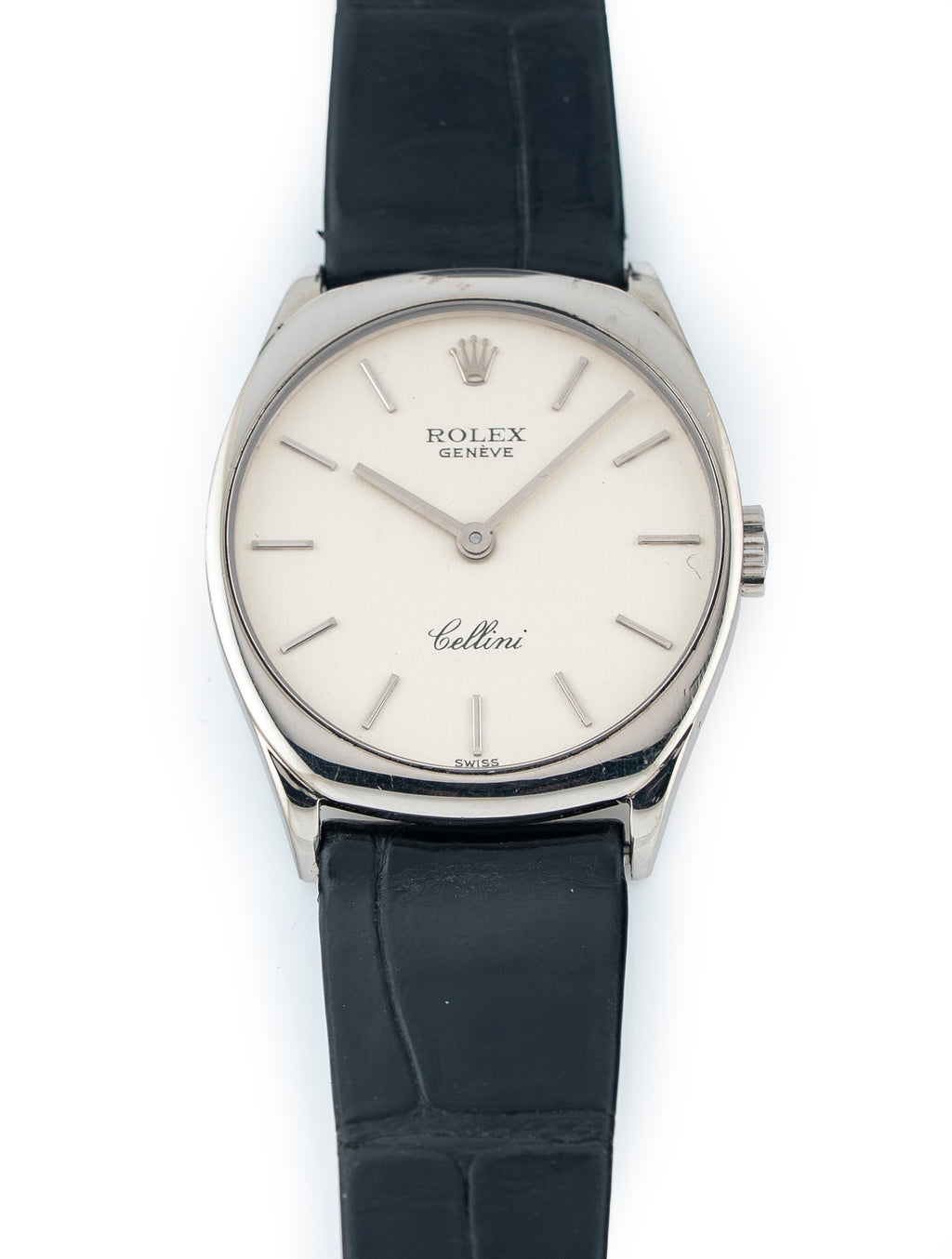 Rolex Cellini 24mm 18k White Gold Silver Dial Black Rolex Gator Strap Ref# 4129