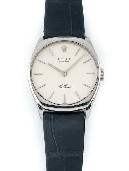Rolex Cellini 24mm 18k White Gold Silver Dial Black Rolex Gator Strap Ref# 4129