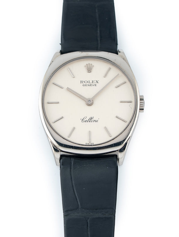 Rolex Cellini 24mm 18k White Gold Silver Dial Black Rolex Gator Strap Ref# 4129