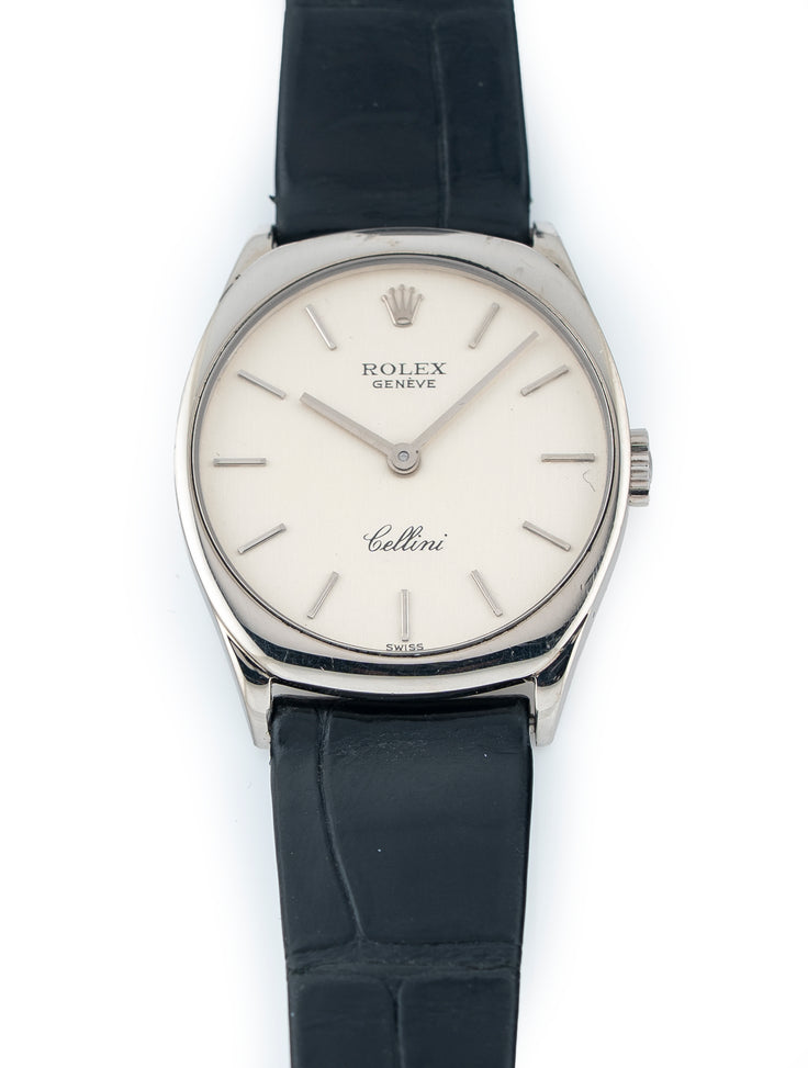 Rolex Cellini 24mm 18k White Gold Silver Dial Black Rolex Gator Strap Ref# 4129