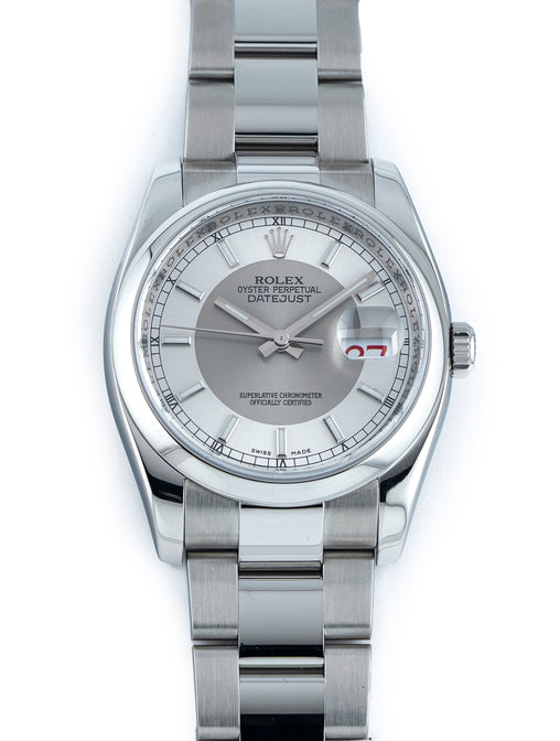 Rolex Datejust 36mm Stainless Steel Silver Tuxedo Dial Ref 116200