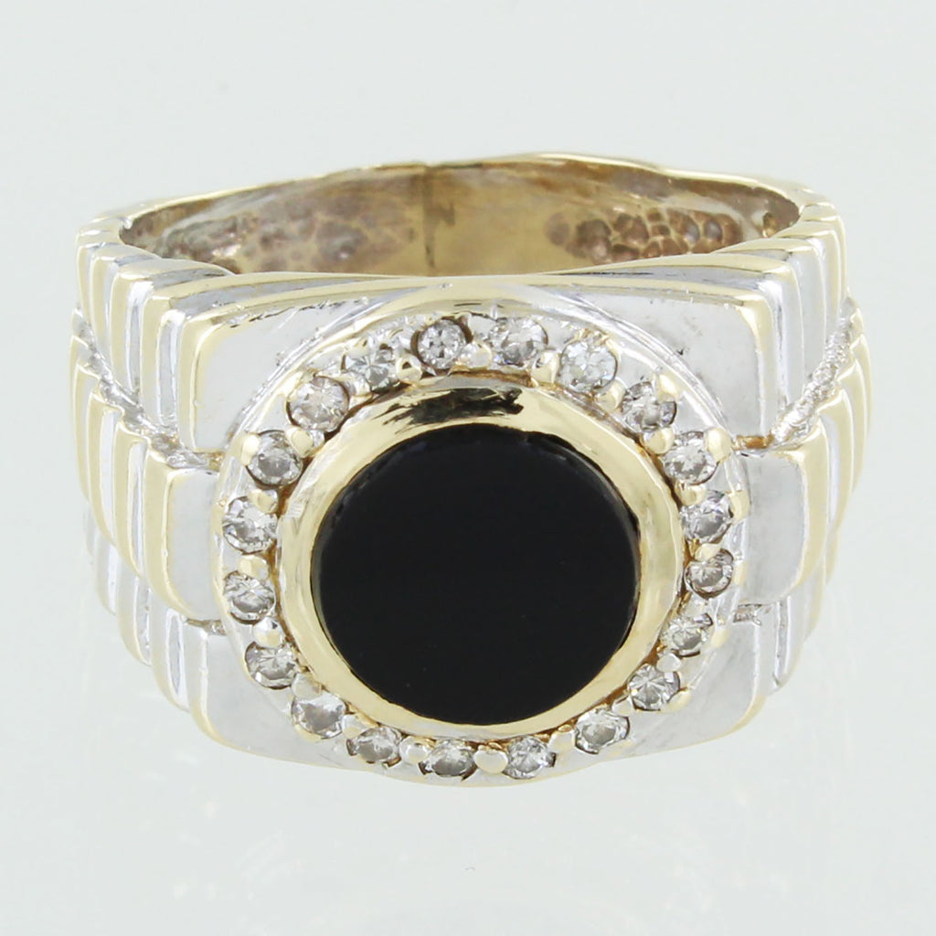 GENTS 14KT GOLD ONYX AND DIAMOND ROLEX LINK STYLE RING SIZE 8