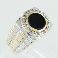 GENTS 14KT GOLD ONYX AND DIAMOND ROLEX LINK STYLE RING SIZE 8