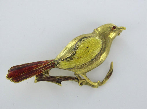 BIRD PIN BROOCH 18K YELLOW GOLD VINTAGE ENAMEL ANIMAL RED TAIL COLLECTOR ANTIQUE