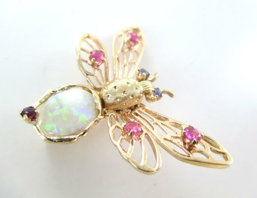 016172916 14K SOLID YELLOW GOLD PIN BROOCH BUTTER FLY RUBY RUBIES OPAL VINTAGE