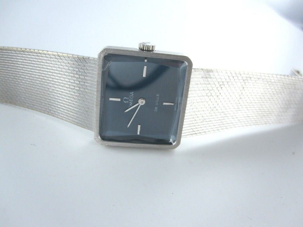 OMEGA DE VILLE 18KT WHITE GOLD WATCH BRACELET BLUE DIAL SQUARE