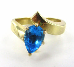 14KT YELLOW GOLD BLUE TOPAZ PEAR CUT RING SIZE 7.25