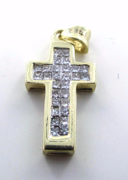 14KT SOLID YELLOW GOLD DIAMOND JESUS CHRISTIAN CROSS PENDANT PRINCESS CUT