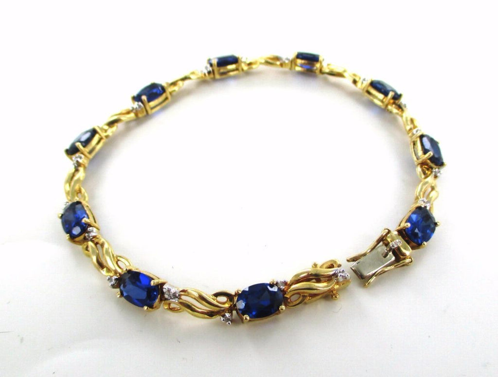 14KT SOLID YELLOW GOLD 20 DIAMOND SYNTHETIC SAPPHIRE BLUE 7" TENNIS BRACELET
