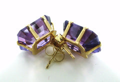 10KT SOLID YELLOW GOLD PURPLE STONE SQUARE DESIGN BUTTERFLY FASTENING EARRINGS