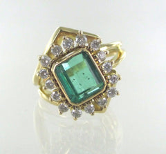 18KT SOLID YELLOW GOLD 16 DIAMONDS EMERALD RING SIZE 8