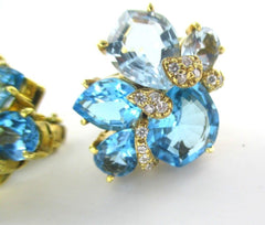 18KT GOLD EARRINGS WENDEE & RENE DESIGNER 32 DIAMONDS BLUE TOPAZ