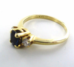 14KT SOLID YELLOW GOLD 2 DIAMONDS BLUE SAPPHIRE COCKTAIL RING