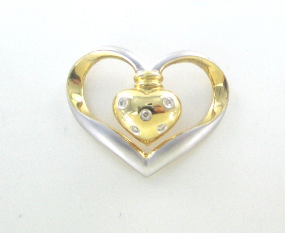 14K SOLID WHITE YELLOW GOLD PENDANT HEART CHARM 5 DIAMONDS .10 CARAT 015918334