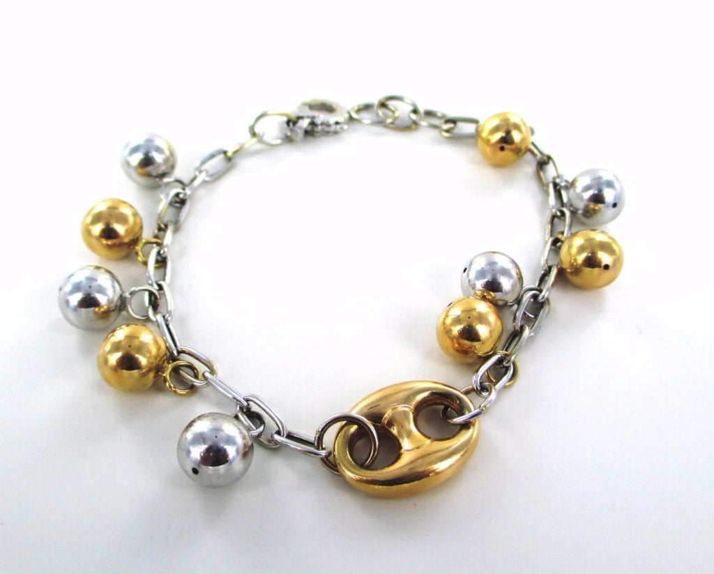 18KT TWO TONE GOLD GUCCI BALL BEAD LINK BRACELET 7"