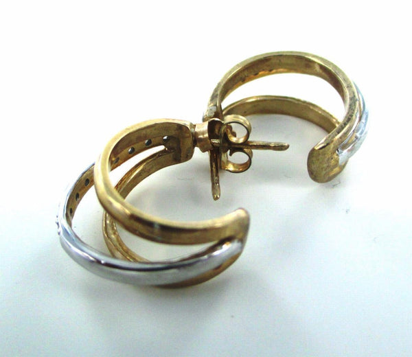 10Kt Solid Yellow & White Gold Two Tone 18 Diamonds Half Hoop Earrings