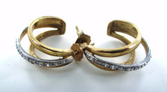 10KT SOLID YELLOW & WHITE GOLD TWO TONE 18 DIAMONDS HALF HOOP EARRINGS