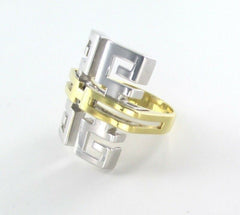 14K SOLID YELLOW & WHITE GOLD RING GREEK KEY COCKTAIL MADE IN ITALY