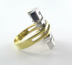 14K SOLID YELLOW & WHITE GOLD RING GREEK KEY COCKTAIL MADE IN ITALY