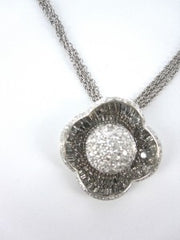 18KT WHITE GOLD TRI-STRAND DIAMOND NECKLACE MADE IN ITALY FLOWER PENDANT CLUSTER BALL