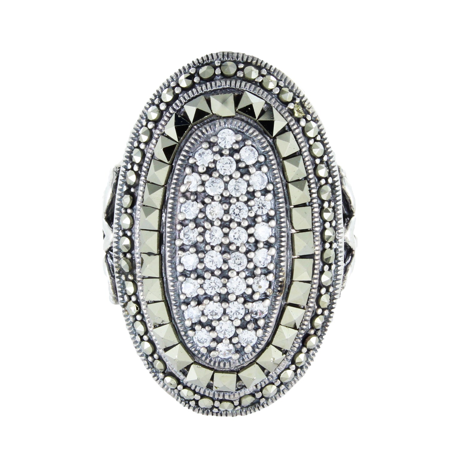 Sterling Silver Marcasite + Garnet Sun + Moon Ring - Size 8 