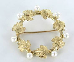 14KT SOLID YELLOW GOLD PIN VINTAGE PEARL LEAF FLORAL BROOCH