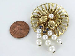 14KT YELLOW GOLD FLORAL VINTAGE PIN BROOCH CHRISTMAS PEARL SAPPHIRE ANTIQUE
