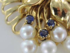 14KT YELLOW GOLD FLORAL VINTAGE PIN BROOCH CHRISTMAS PEARL SAPPHIRE ANTIQUE