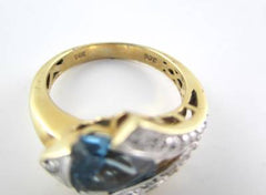 14K SOLID YELLOW GOLD RING BJC DESIGNER 11 DIAMONDS BLUE TOPAZ BAND ENGAGEMENT
