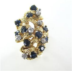 14KT YELLOW GOLD COCKTAIL RING 6 DIAMONDS 11 BLUE SAPPHIRES SIZE 4