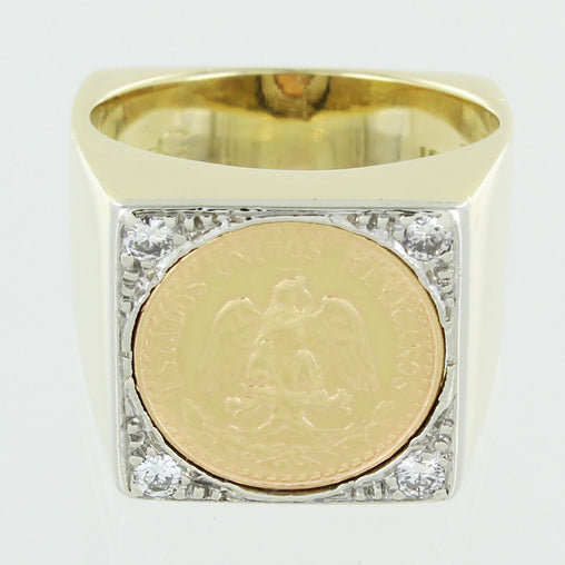 GENTS 18KT GOL DIAMOND MEXICAN COIN RING SIZE 7